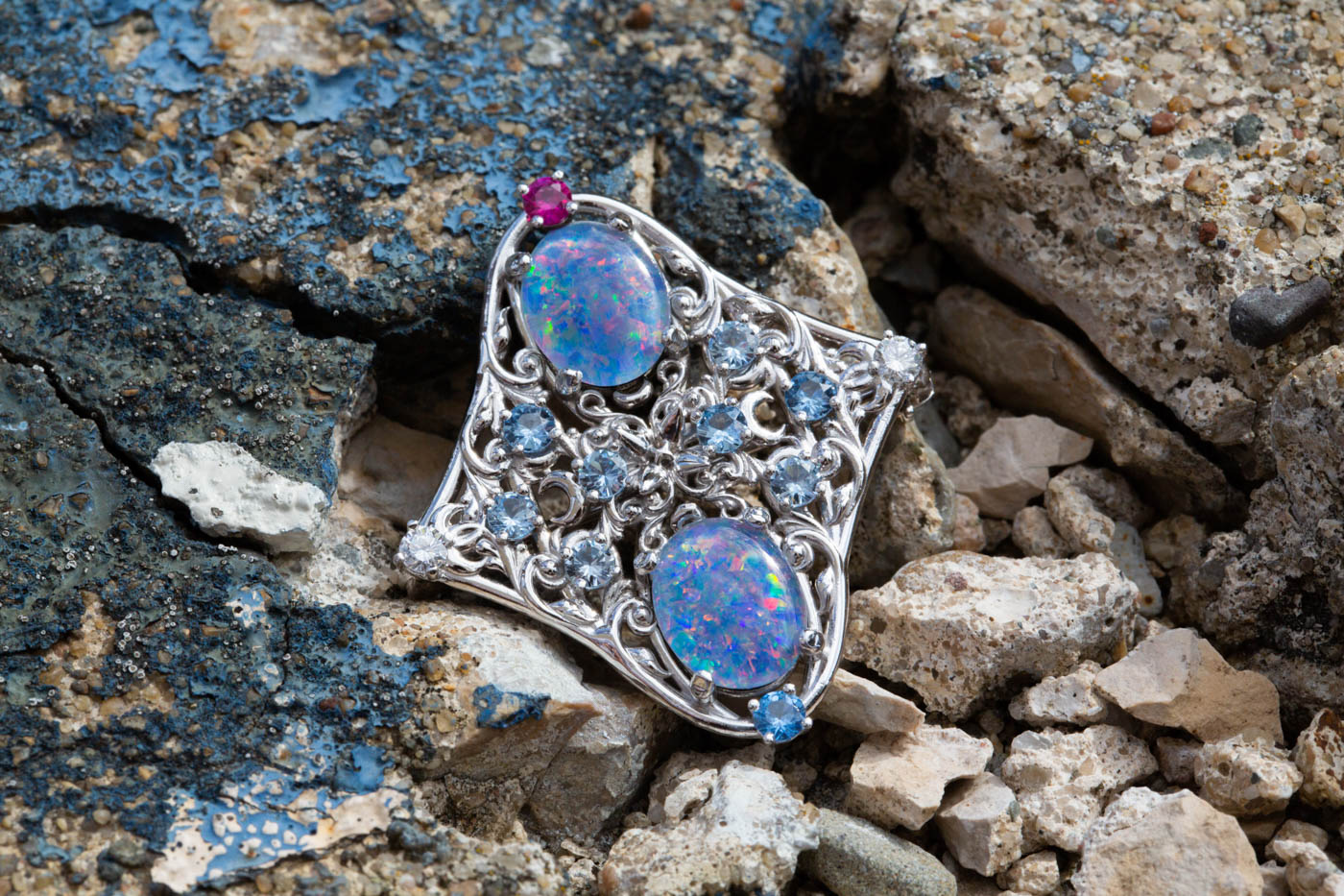 Opal Pin with colored gemstones and diamonds