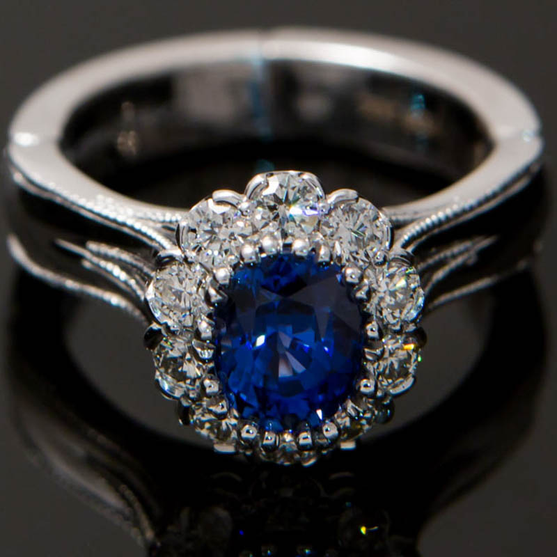 Custom Diamond Halo Oval Blue Saphhire