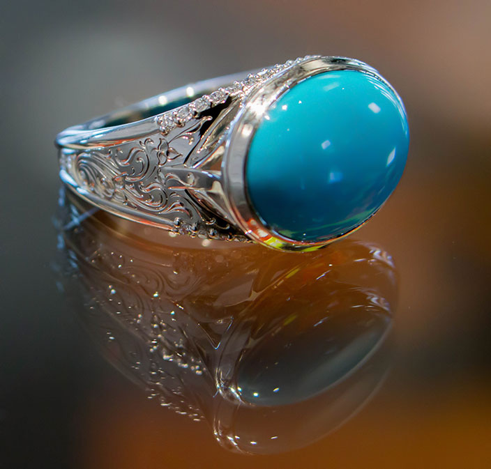 Turquoise Hand Engraved White Gold Ring