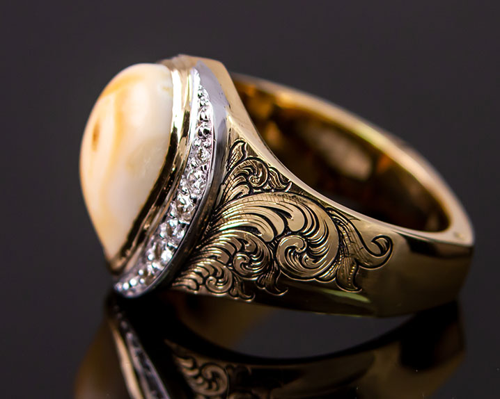 Elk Tooth Hand-Engraved Gold Ring