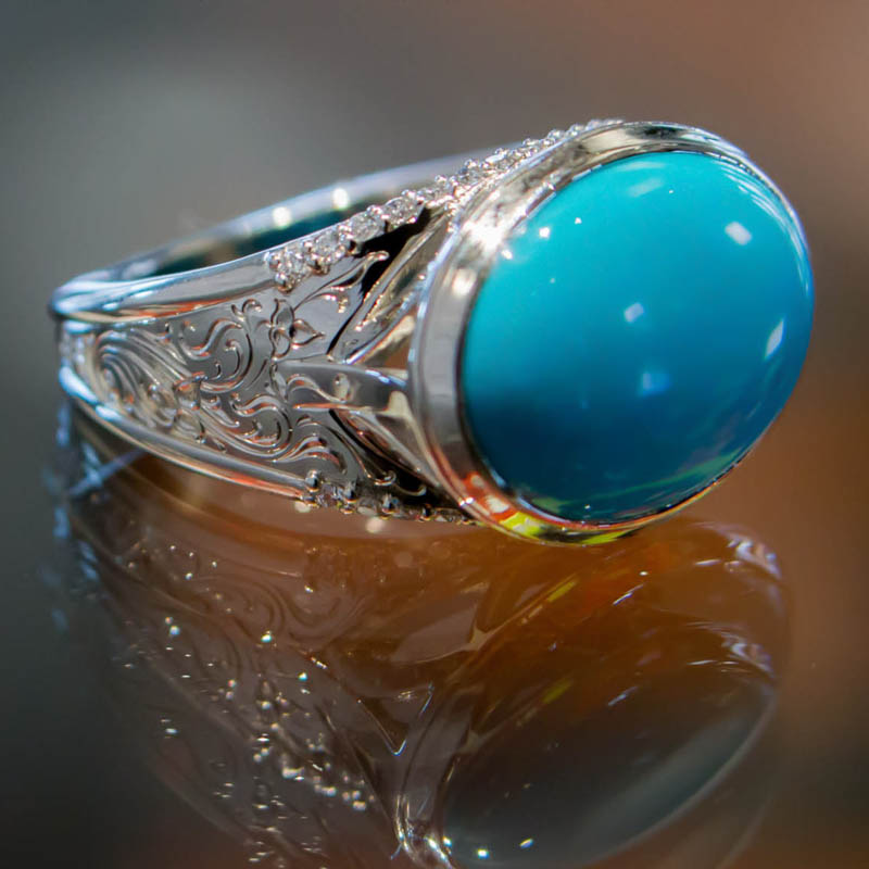 Hand Engraved White Gold Ring with Oval Turquoise
