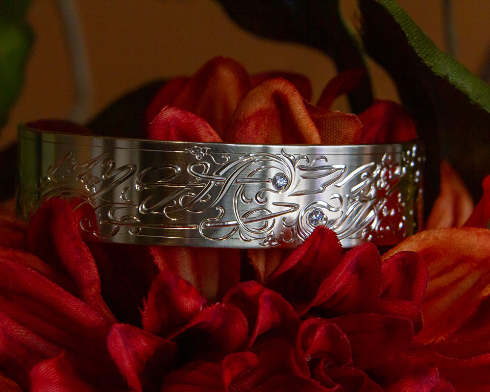 Hand-Engraved Bracelet Cuff with Diamonds