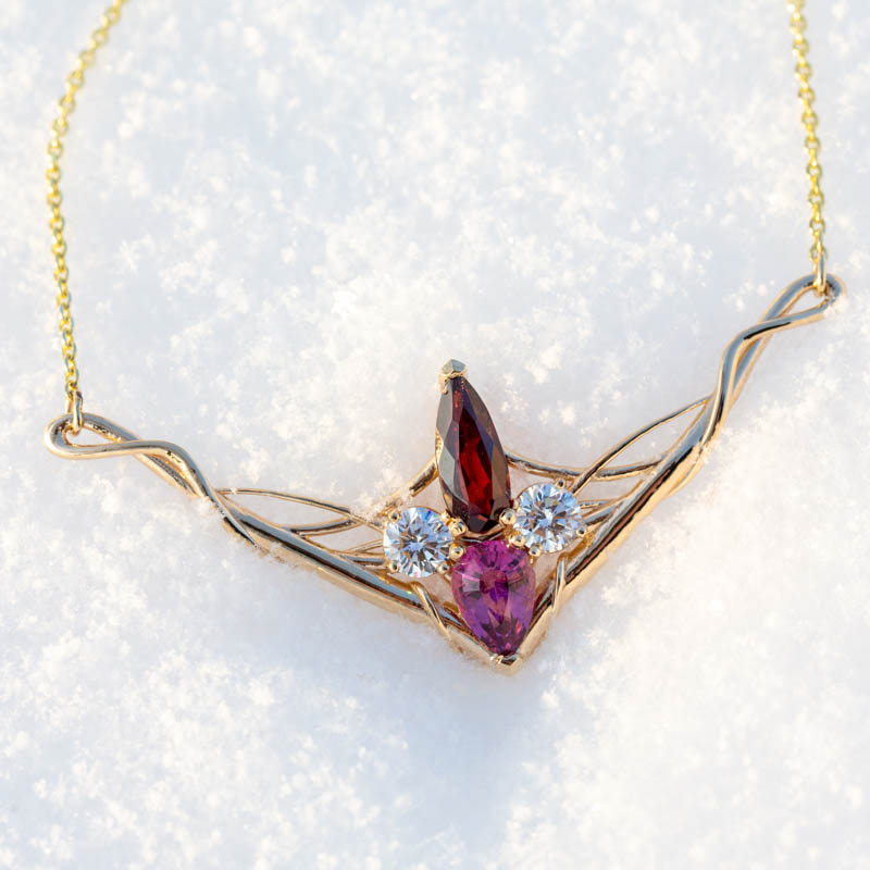 Art Nouveau-style Garnet, Pink Tourmaline. and Diamond Pendant