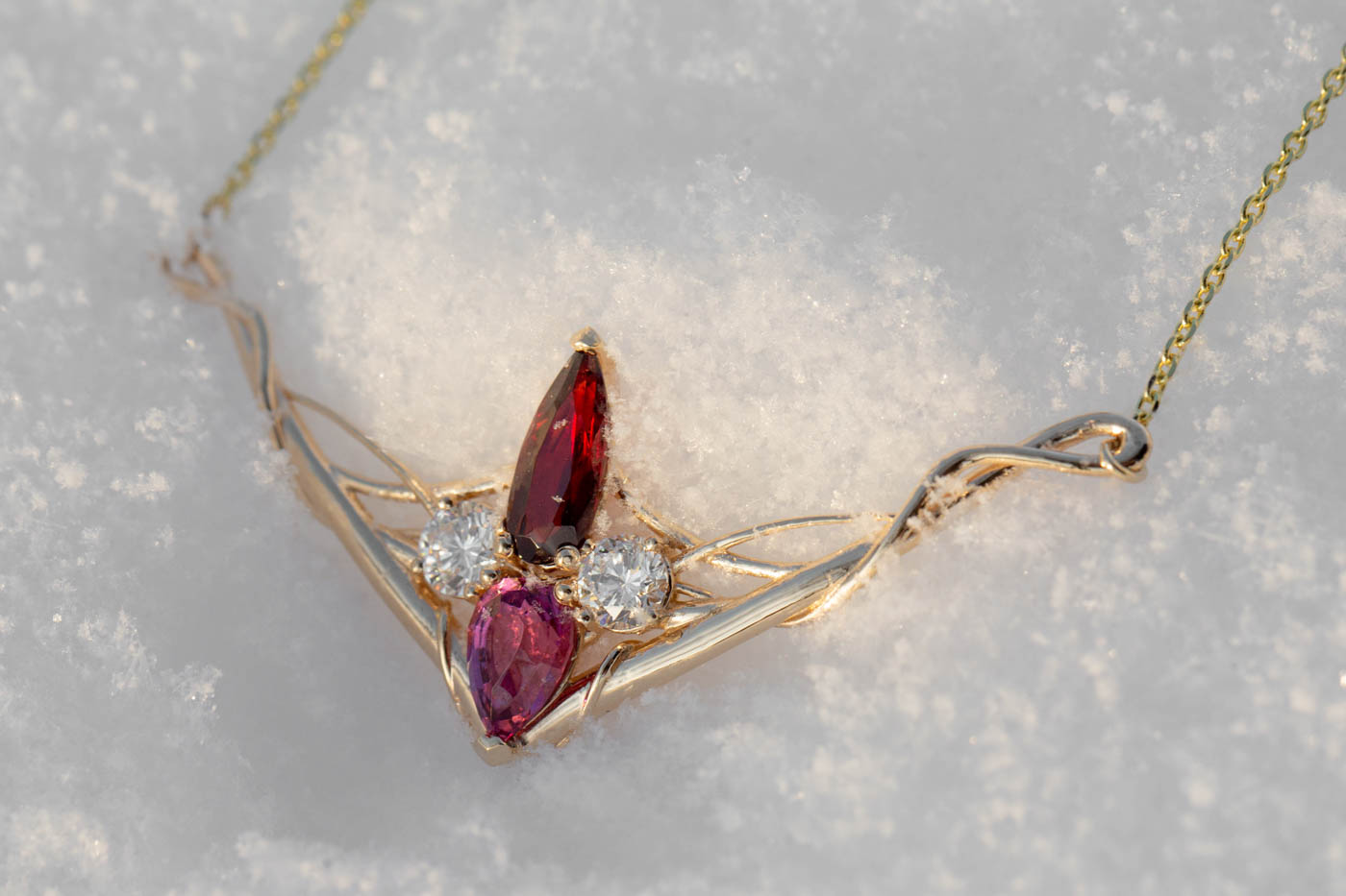 Art Nouveau-style Garnet, Pink Tourmaline. and Diamond Pendant