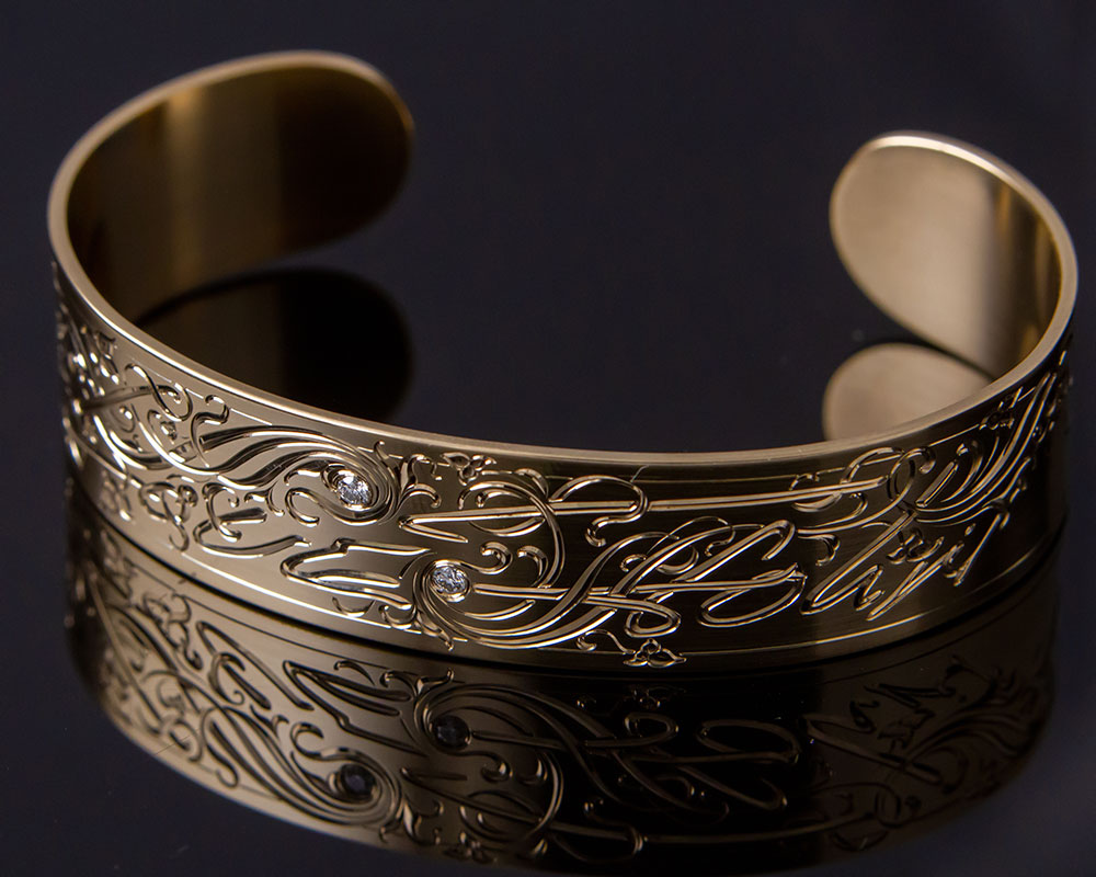 Hand-Engraved Bracelet Cuff with Diamonds