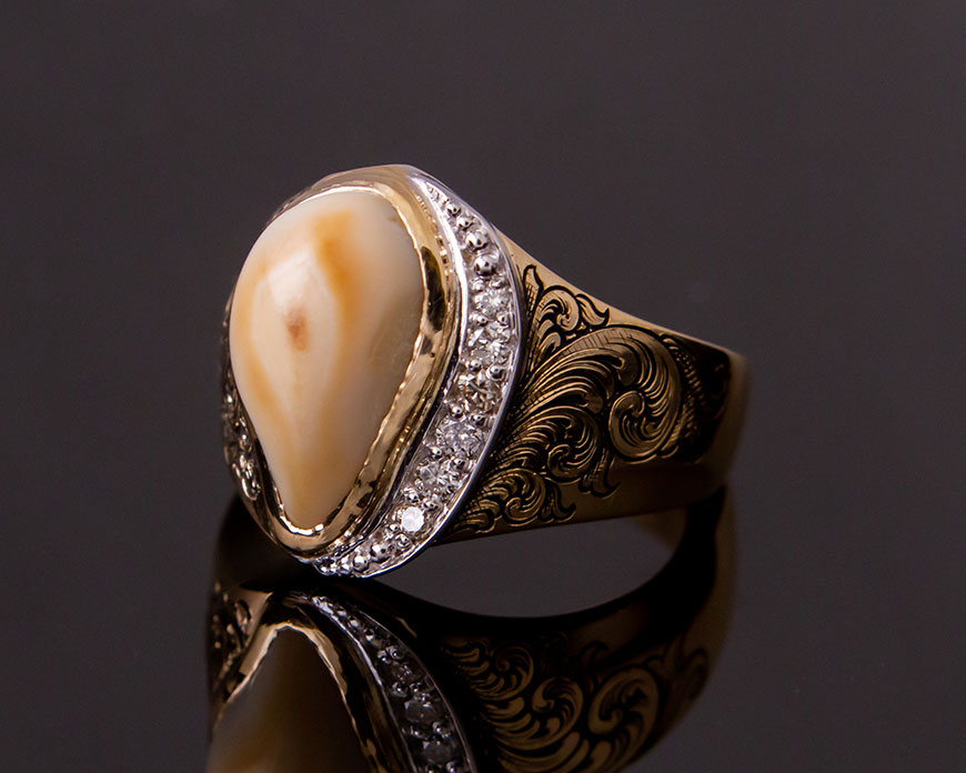 Elk Tooth Hand-Engraved Gold Ring
