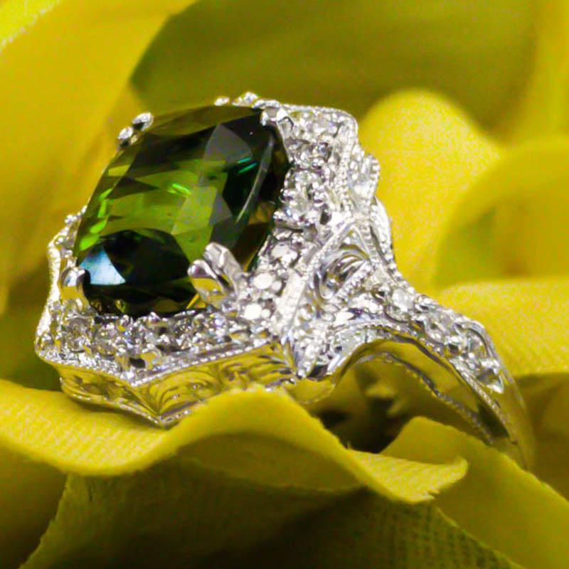 Award Winning Green Tourmaline Hand Engraved Ring