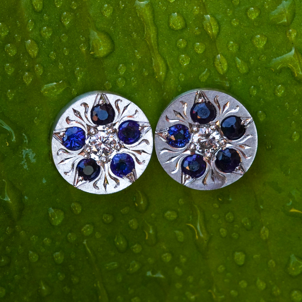 Hand-Engraved Disc Earring with Sapphire and Diamond