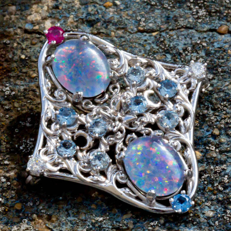 Opal Pin with colored gemstones and diamonds