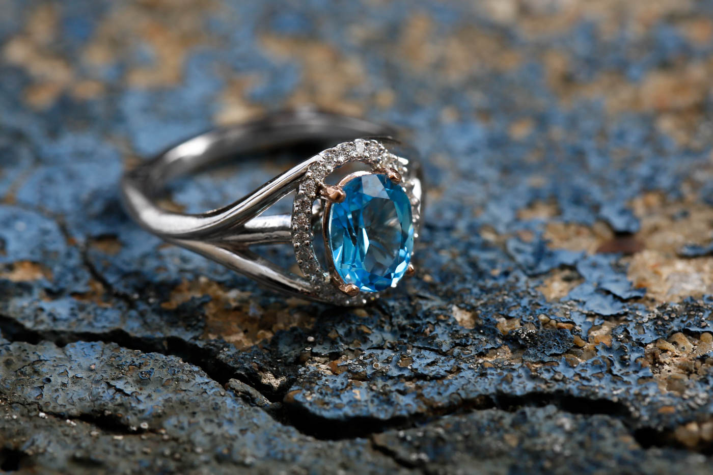 Blue Topaz and Diamond 14k White and Rose Gold Ring