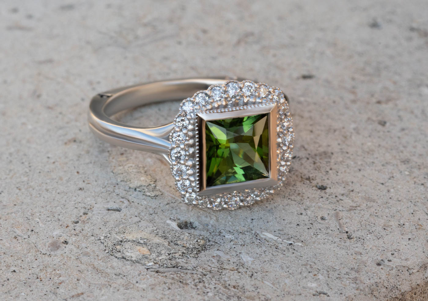 Green Tourmaline and Diamond 14k White Gold Ring