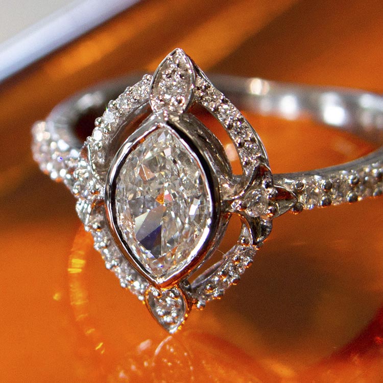 A custom diamond ring from Philip's on display