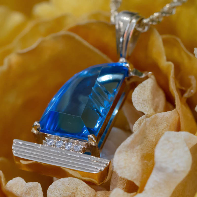 White Gold Swiss Blue Topaz Sailboat With Diamonds Necklace