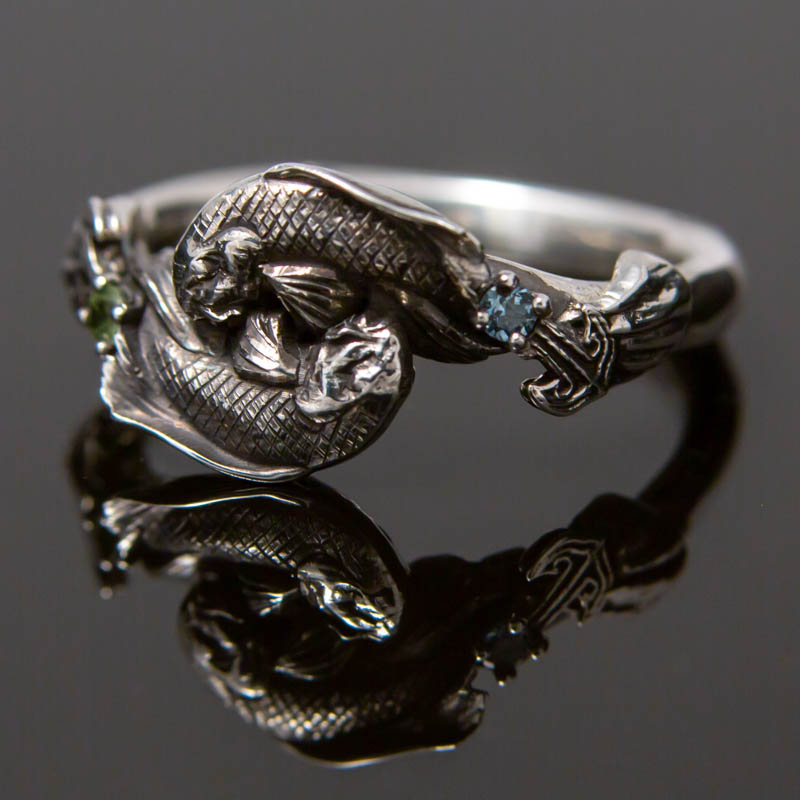Custom Koi Ying Yang Ring with Aquamarine and Peridot
