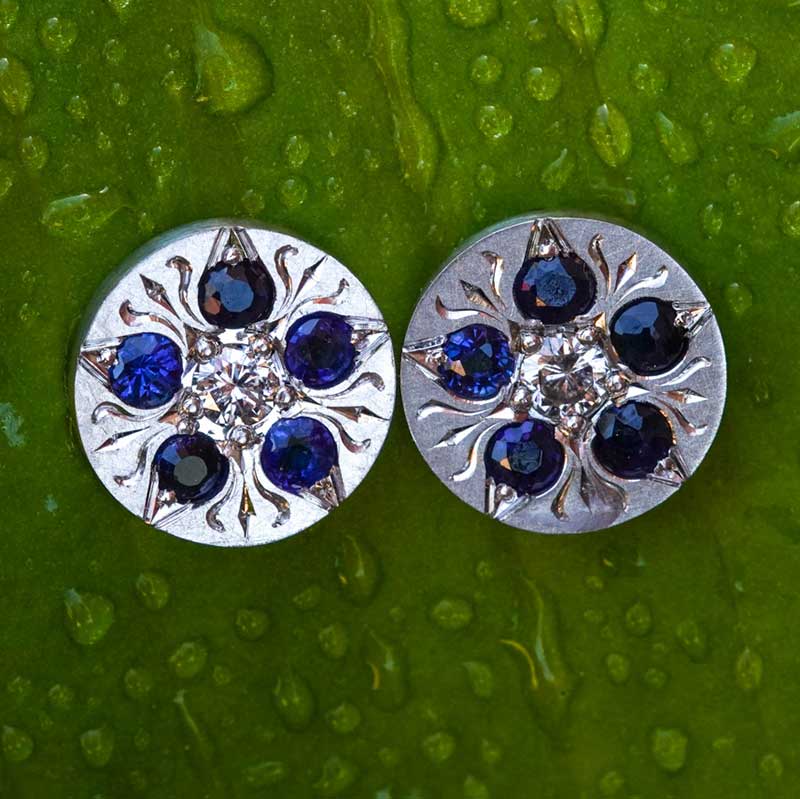 Hand-Engraved Disc Earring with Sapphire and Diamond