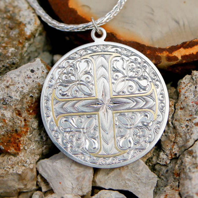 Hand-Engraved Two Tone Cross Pendant
