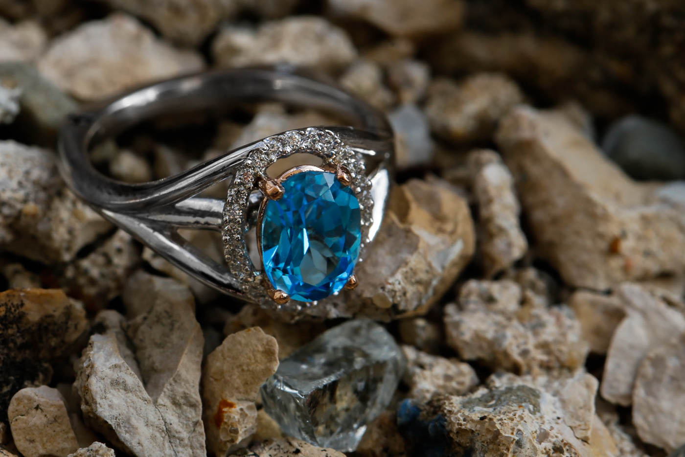 Blue Topaz and Diamond 14k White and Rose Gold Ring