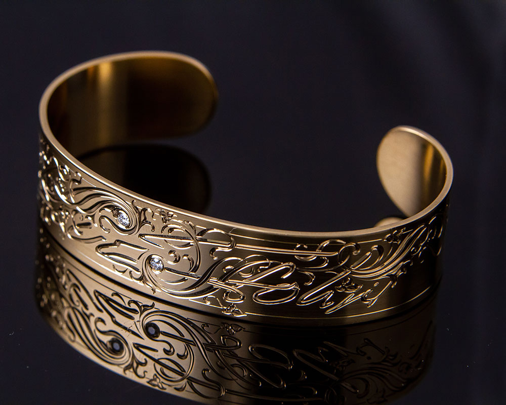 Hand-Engraved Bracelet Cuff with Diamonds