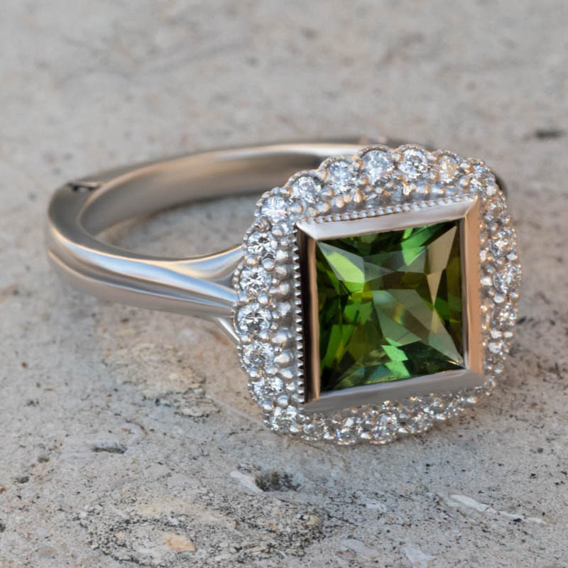 Green Tourmaline and Diamond 14k White Gold Ring