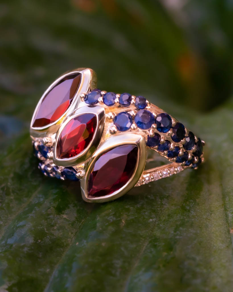 Garnet and blue clearance sapphire ring