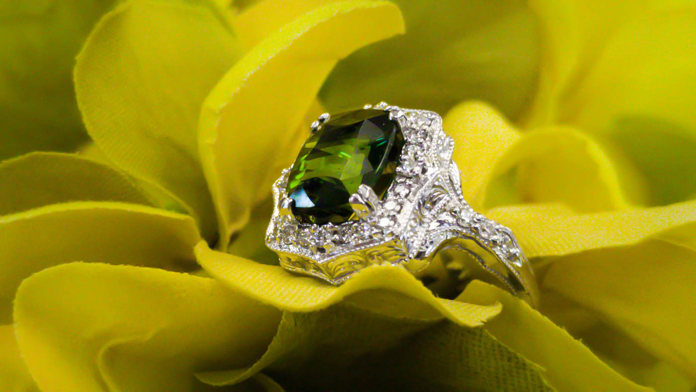 Award Winning Green Tourmaline Hand Engraved Ring