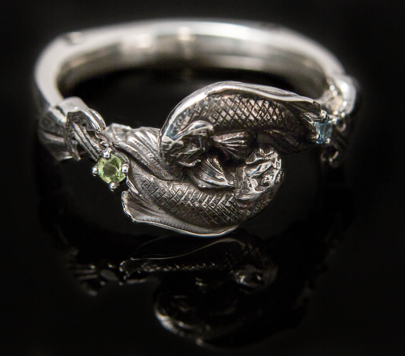 Custom Koi Ying Yang Ring with Aquamarine and Peridot