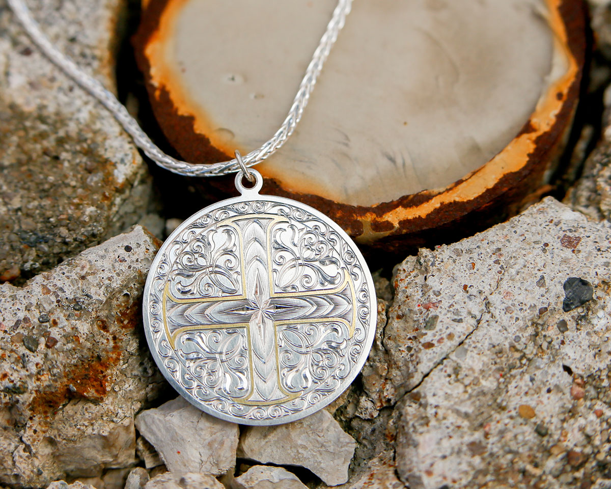 Hand-Engraved Two Tone Cross Pendant